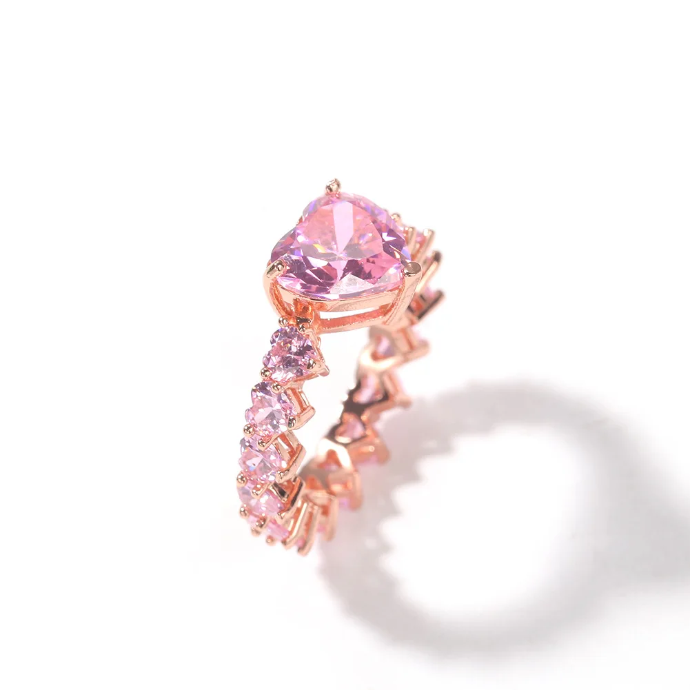 Trendy Unisex Wedding Ring Gold Crystal Pink Heart Cut Zircon Flower Stainless Steel Promise Jewelry for Fashionable Parties