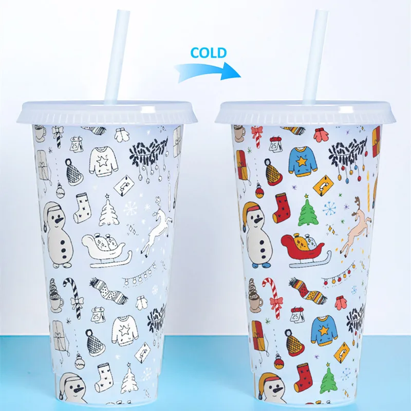 

2021 New Plastic Cup Cold Color Changing Tumbler Christmas Santa Reusable Plastic Fancy Coffee Cup with Lid and Straw
