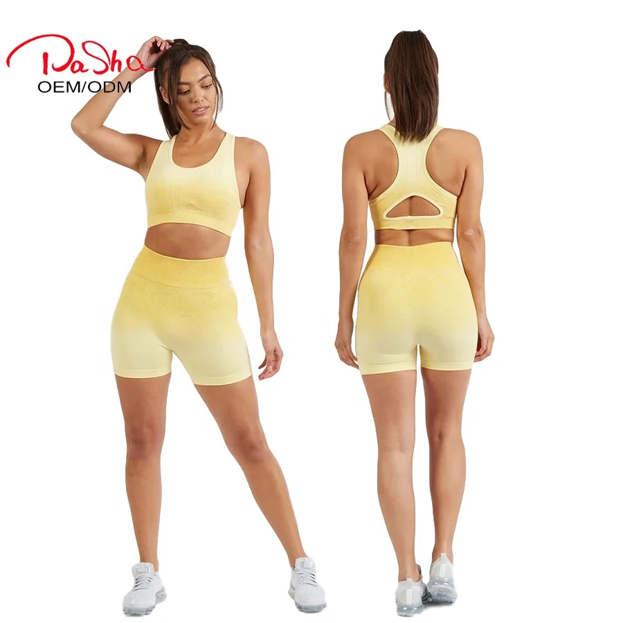 

Pashasunshine 2020 Women Seamless Gradient Ombre Bright Color Sports Fitness Gym Bra Cycling Shorts Set, Light blue, gray, light yellow, light orange, light purple