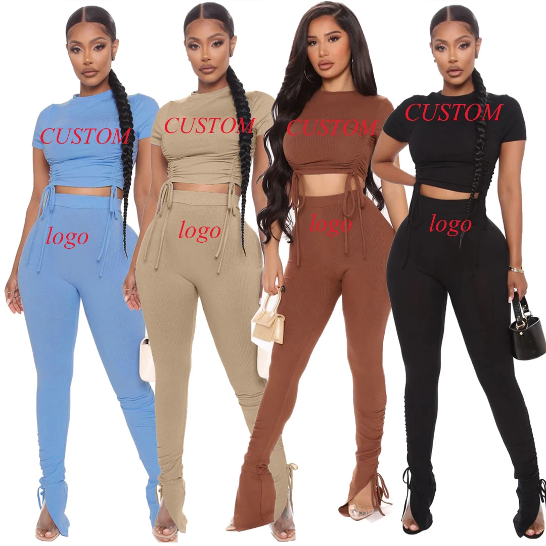 

Outdoor Jogger Set2 Piece Pajamas Lounge Set Knit Ribbed Crop Top Short Sleeve Pants Loose Sweatsuit Women Sexy Outfits Sets