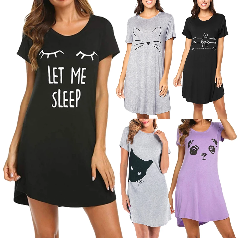 

LET ME SLEEP series custom cotton women's nightdress casual cartoon printed dress summer short sleeve pajamas women's sleepwear