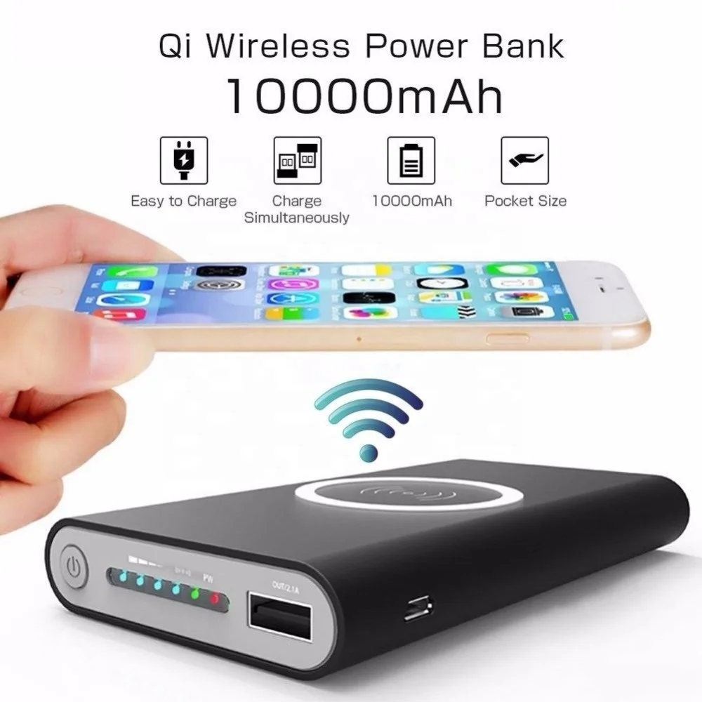 

OEM Portable qi Compatible Fast Charging 10000mAh Mobile Phone External Battery Pack Wireless Power Bank for New iPhone, White, black, gray etc