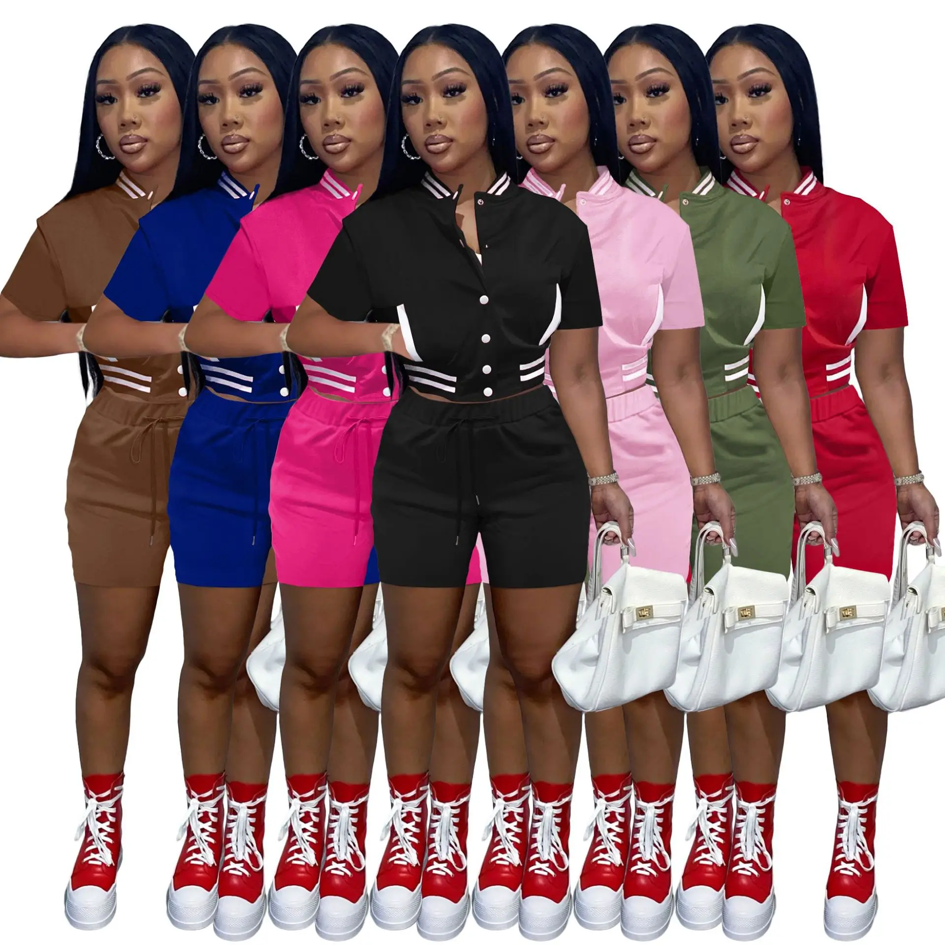 

2022 New Arrival Women Summer Baseball Uniform Jacket Outfit Shorts Short Sleeves Two Piece Pants Set Ensembles Pour Femmes