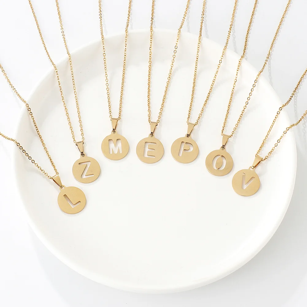 

26 Initial Letter Disc Pendant Necklace Gold Plated Stainless Steel Round Hollow Alphabet Necklace for Women, Picture