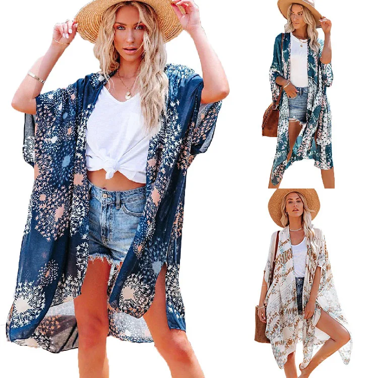 

2022 New Summer Fashionable Ladies Long Beach Cardigan Floral Print Open Front Kimono Beach Cover Ups For Women, Floral white, floral blue, floral greem
