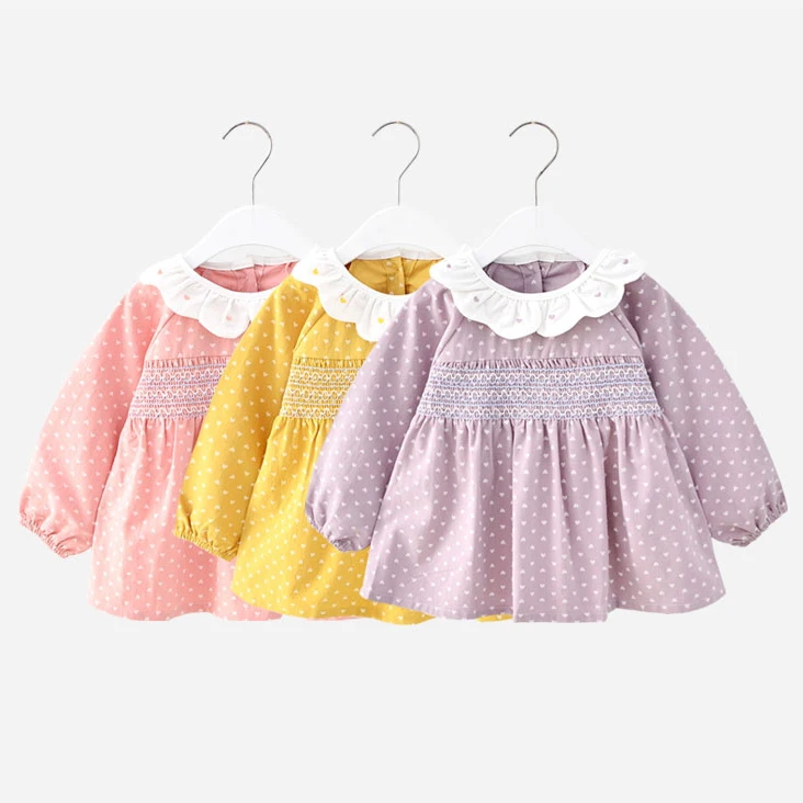 

One Piece Casual Wear Ruffles Neck Handmade Smocked Dress Baby Dresses, As picture