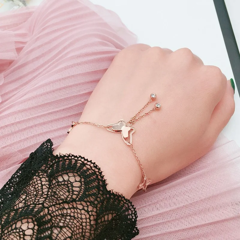 

Jachon New rose gold bowknot fringed bracelet female version of simple student titanium bracelet, As picture