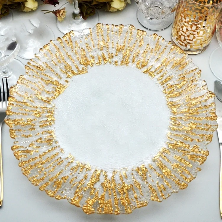 

Fancy Clear Gold Rim Table Charger Glass Wedding Plate Decoration, Picture