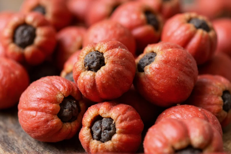 Close-up view of Szechuan pepper tree berries showing reddish-brown husks containing black seeds