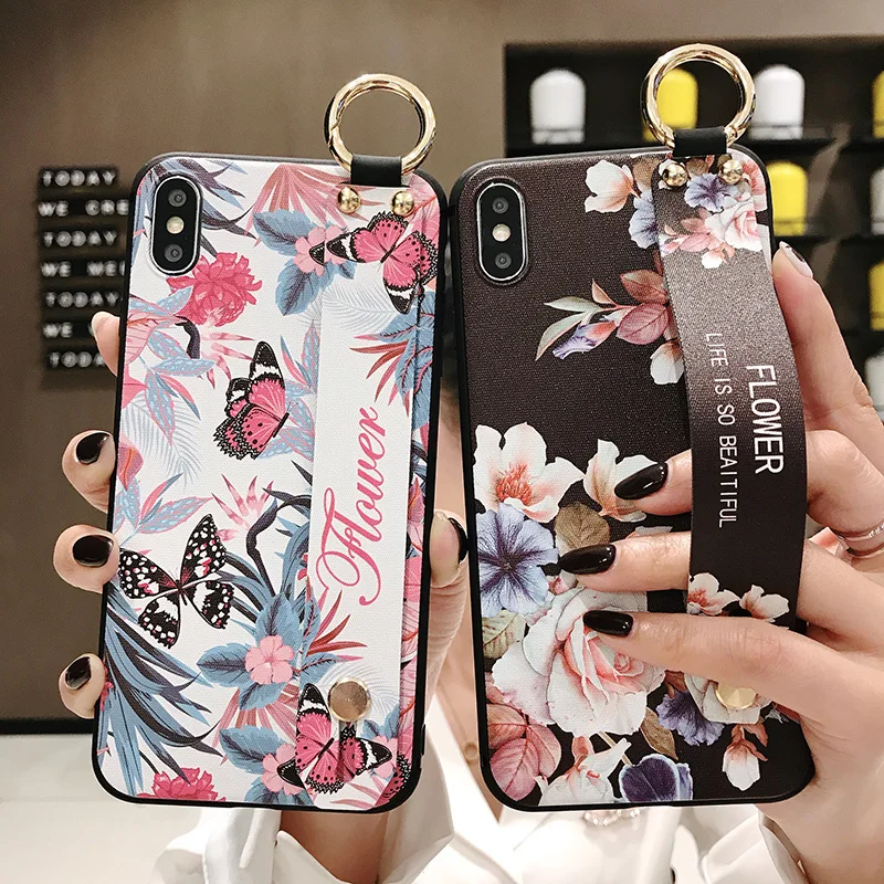 

Wrist Strap Case For iphone 7 6s plus 6.1 5.8 11 Pro Max Case For iphone XR X Xs max Flower Soft TPU Phone Holder Case