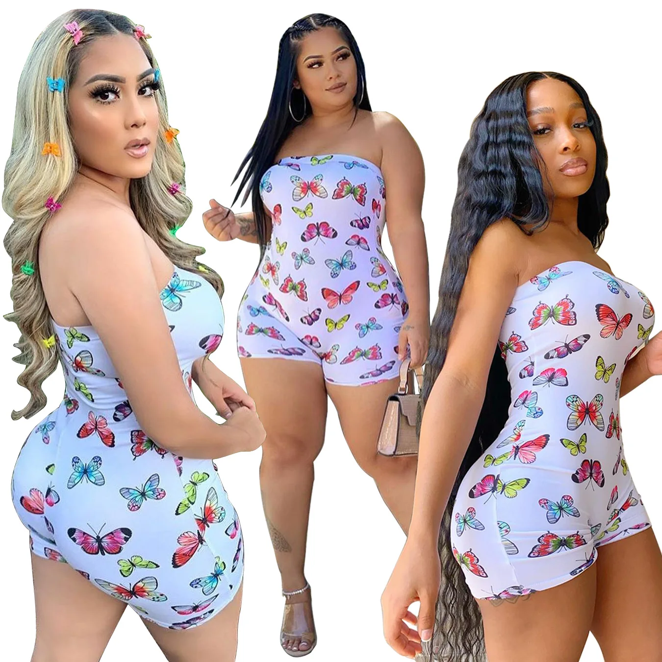 

2021 fashion sexy slim tight butterfly print shorts Jogging Wear Shorts PAJAMAS one shoulder summer women's Jumpsuit, 5 colors