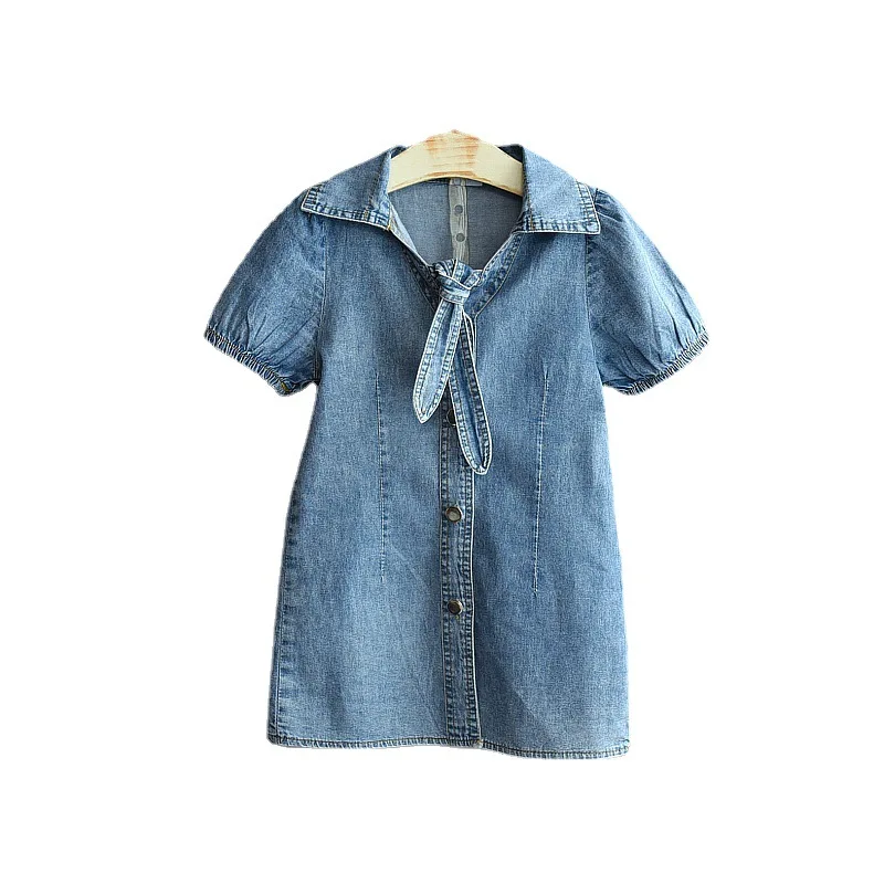 

2020 Fashion Girl Blue Washed Button Denim Dress With Bowtie For 4-10t Summer