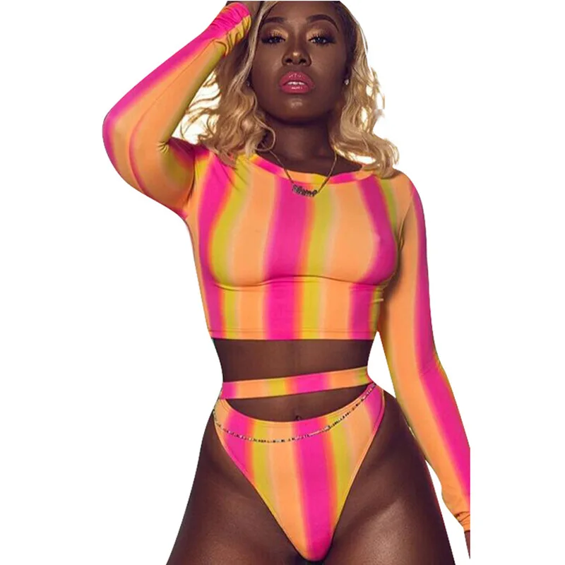 

Hot Selling Cutout Long Sleeve Swimsuit Two Pieces Multi Stripe Swimming Costume Girls Sexy Swimwear