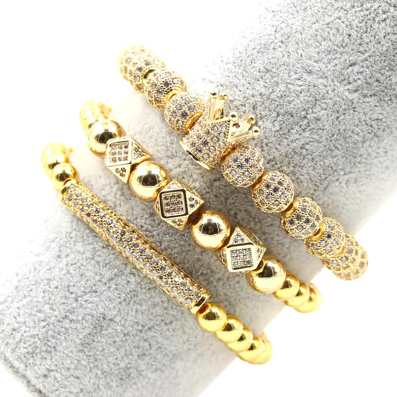 

High Quality Luxury Brass Gold Plated Bracelets Set Zircon Crown Bend Bead Bracelet Set Jewelry For Women, As the picture