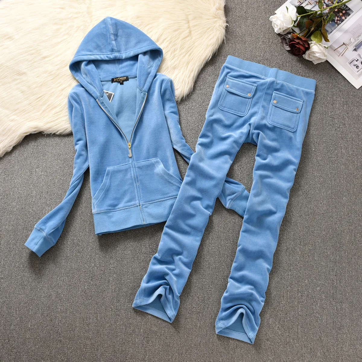 

New 2 Piece Women's Sets Solid Color Long Sleeve 2 Piece Outfits Zipper Hoodie And Drawstring Pants Sweatsuit Sets Women, Picture color