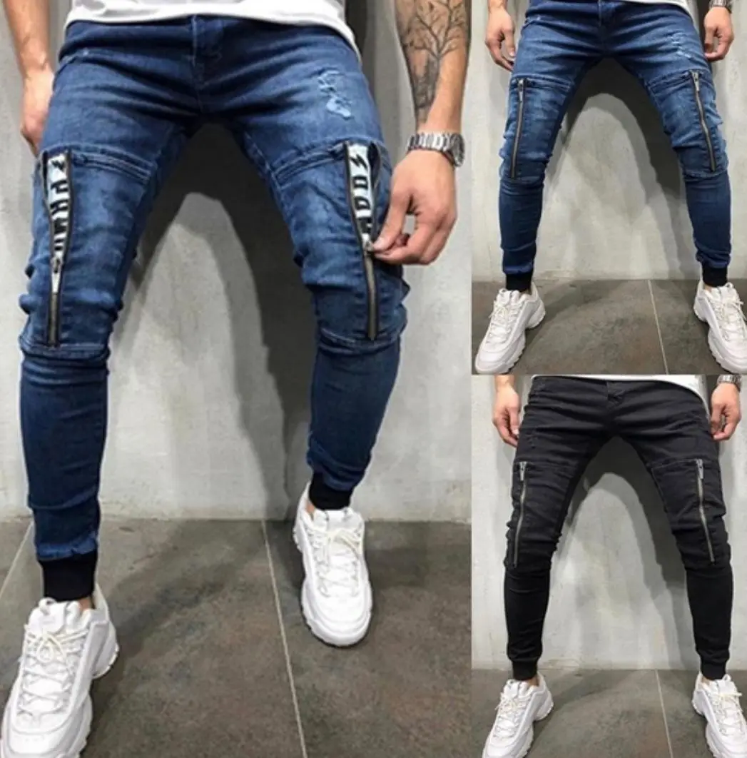 

Custom Men's Casual Sports Demin Trousers Celana Men Clothes And Jeans, Blue, black