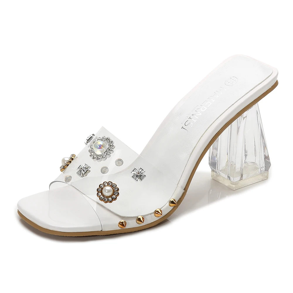

2021 Direct manufacturers women high-heeled clear crystal transparent pvc Square heels 8 cm pumps shoes, White