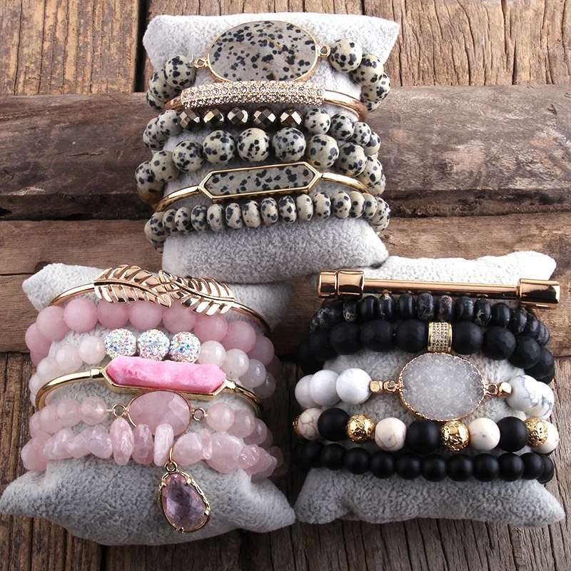 

Gift Jewelry Bohemian Gemstone Bracelets Set 6pc Natural Stone Crystal glass Stack Bracelet Set
