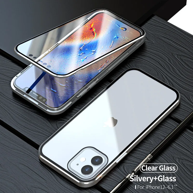 

Metal Frame Magnetic Glass Flip Phone Case 360 Full Cover Magnet Adsorption Clear Tempered Glass Phone Case For iPhone 12