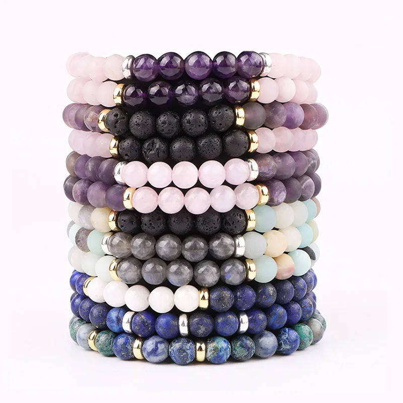 

New arrived gemstone lava stone amethyst and rose quartz beads handmade beaded elastic bracelet for women