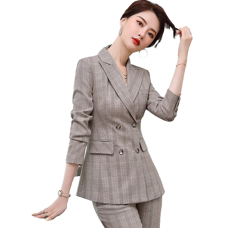 

OL Office Wear 2 Piece Set Green Brown Pant Suit Women Plus Size 5XL Jacket And Pant Ladies Double Breasted Plaid Blazer Suit