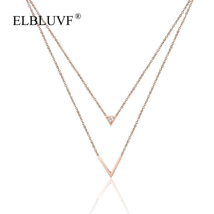 

ELBLUVF Free Shipping Fashionable Stainless Steel Rose Gold Plated Geometric Triangle Letter V Double Layer Necklace For Women, Rose goid