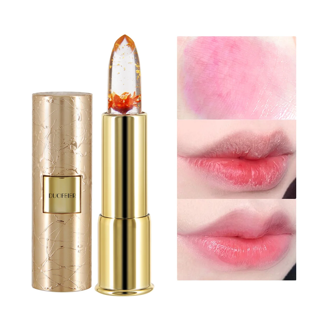 

Wholesale supply golden supplier slim lip balm stick tube flower jelly lipstick color changing lip balm base