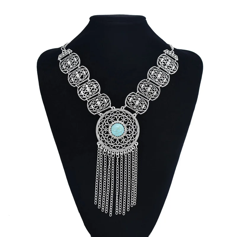 

Vintage Bohemian Silver Metal Statement Necklace Rhinestone Flower Coin Tassel Jewelry Choker Necklace