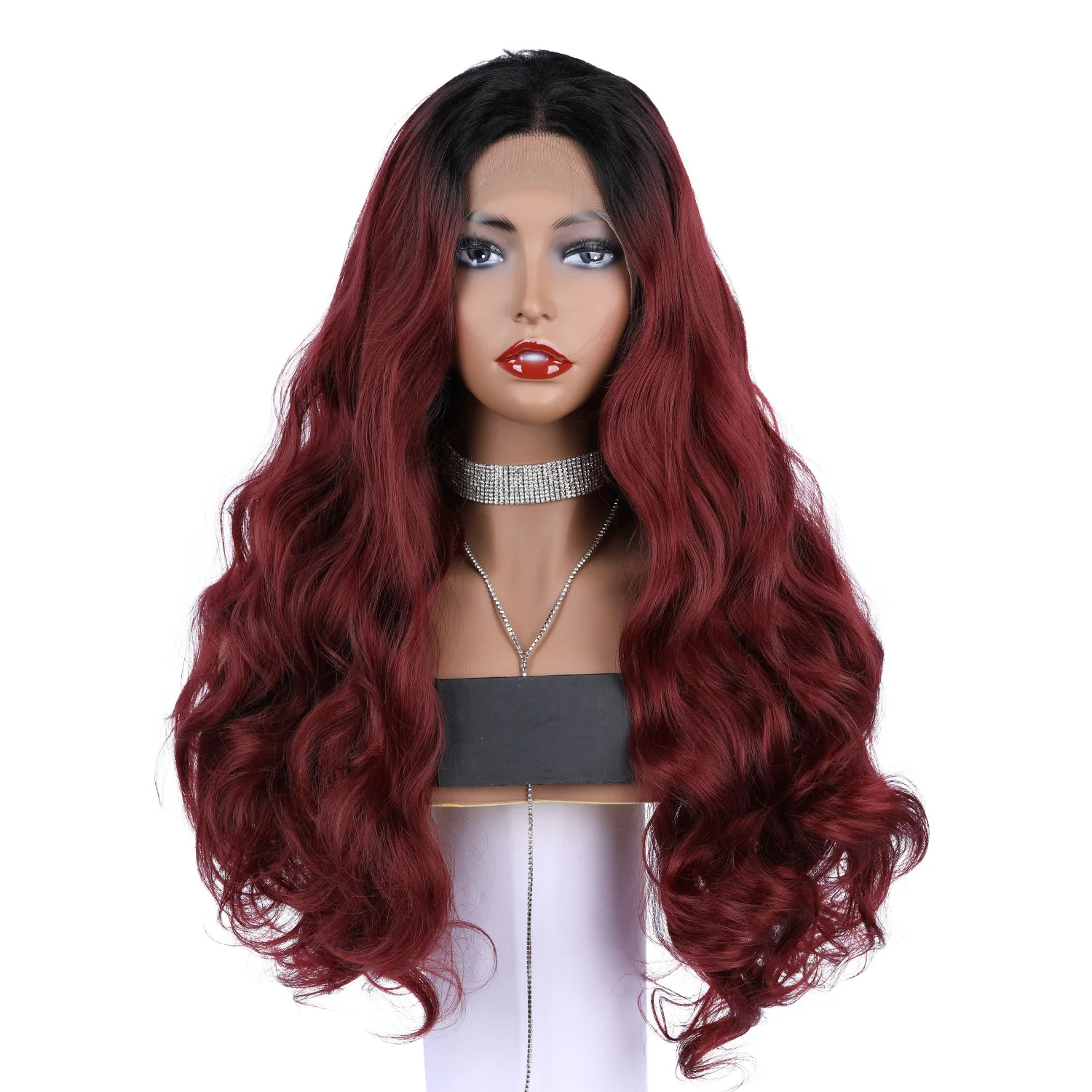 

Dark Red Ombre Black Roots Body Wave Synthetic Lace Front Wig Drag Queen Halloween Glueless Heat Resistant Hair Amazon Hot Sale