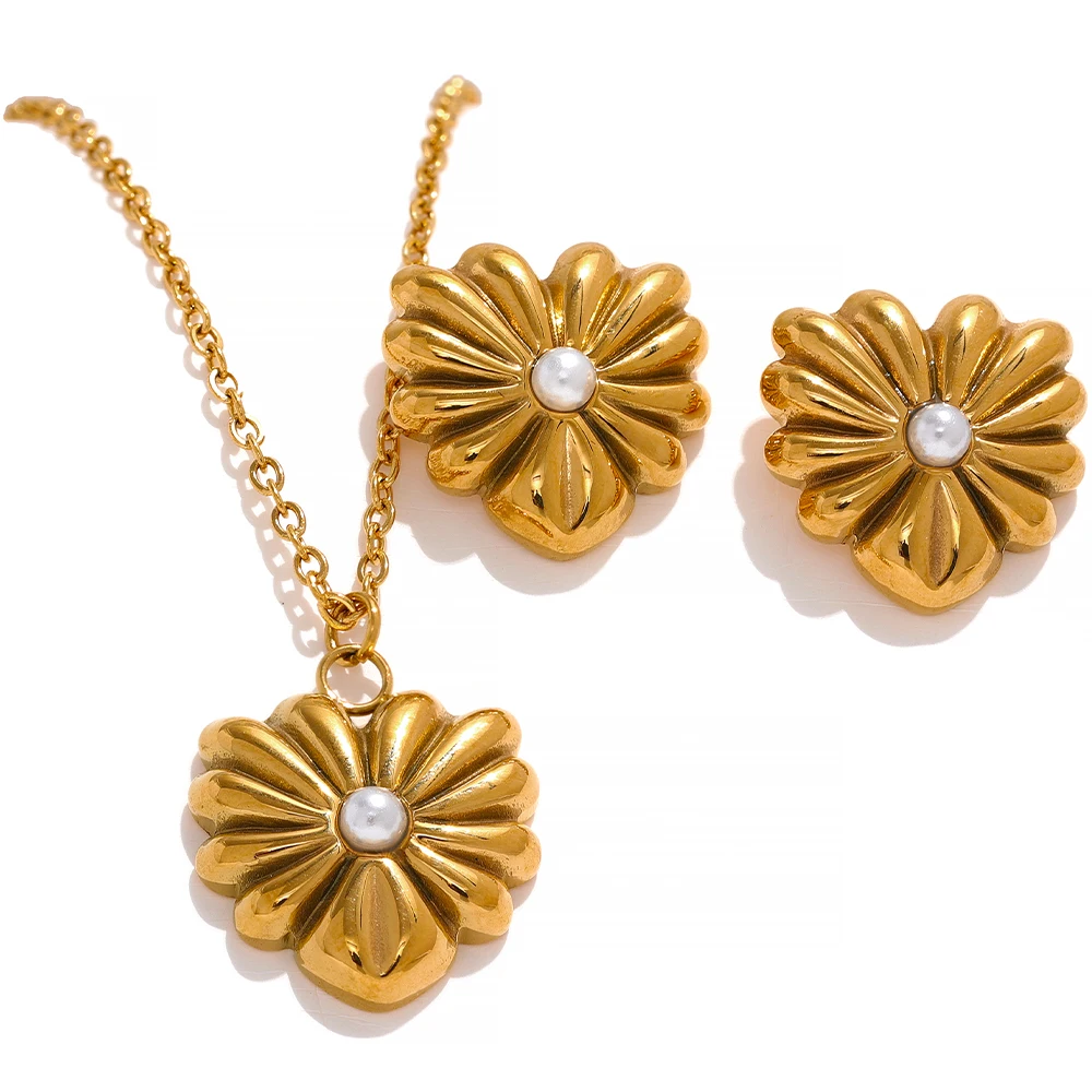 

JINYOU 060 Tarnish Free Stainless Steel Vintage Heart Flower Pendant Earrings Necklace Fashion 18k Gold Plated Jewelry Sets