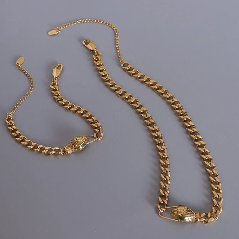 

New Fashion Animal Women Bracelet Necklace Green Eye Snake Heard Chain Link 18K Gold Plated Stainless Steel Jewelry Set