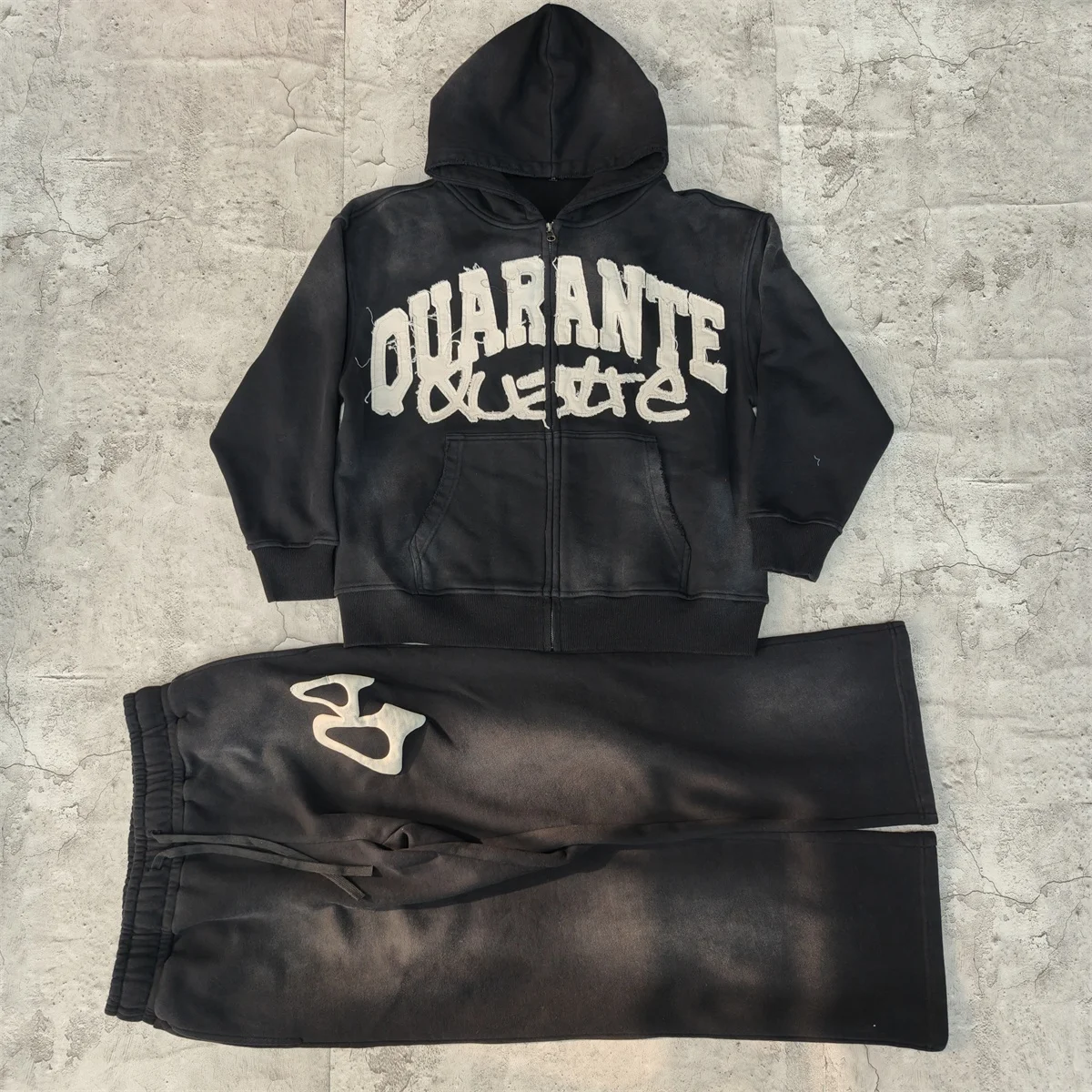 OEM Custom Man Embroidery Applique Distressed Zip up Acid Wash Sweatpants and Hoodies Sets Flared Tracksuits for Men