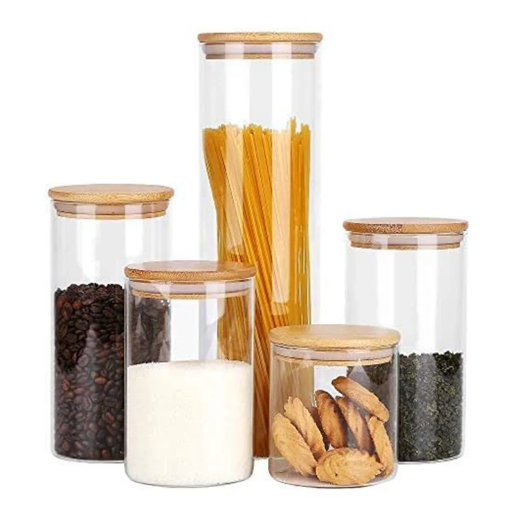 

2020 Amazon Top Selling Air Tight Kitchen Bamboo Lid Food Glass Canister Set for Candy Cookie Rice Sugar Flour Pasta Nuts, Transparent