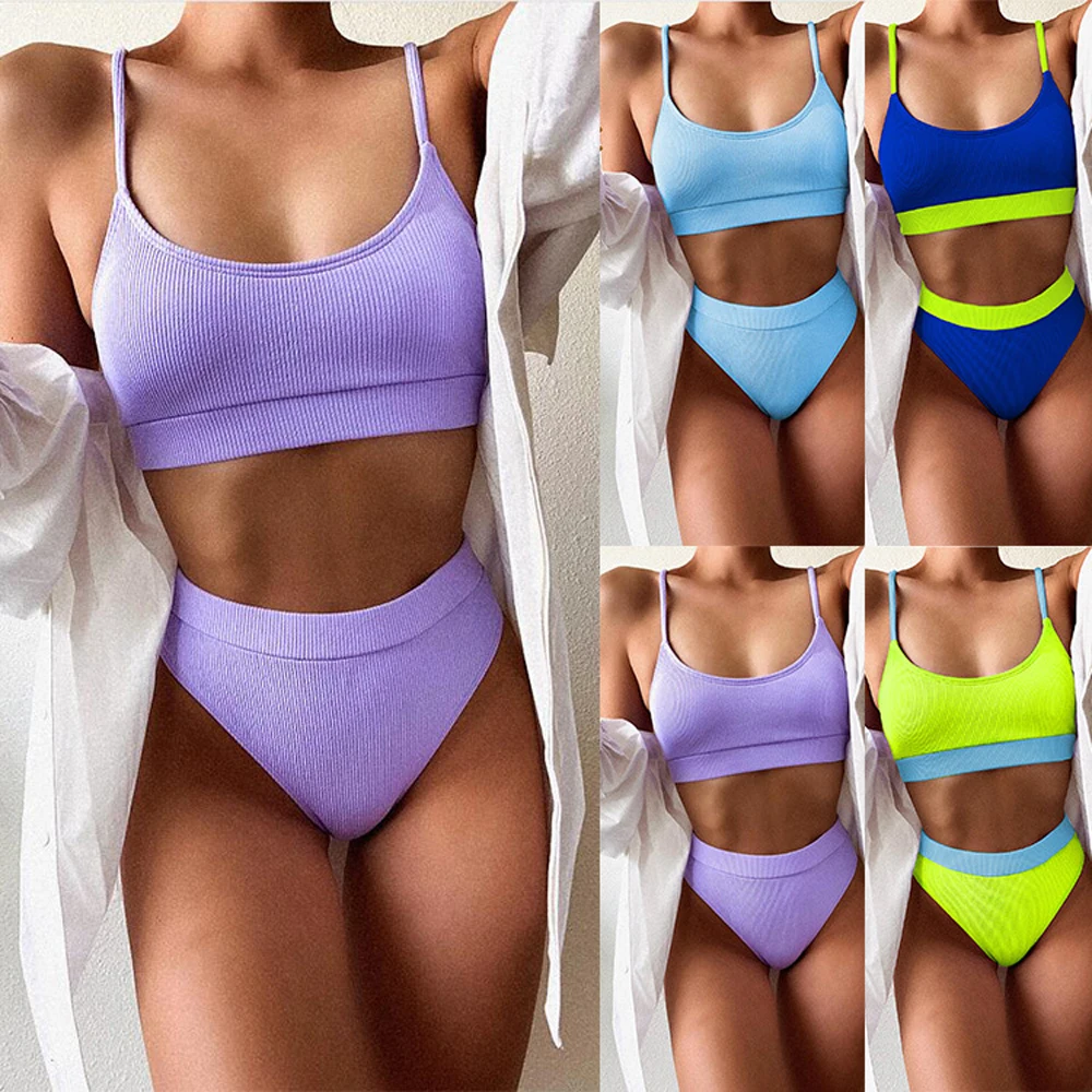 

High Waist Bikinis Swimsuits Women Push Up Swimwear Ribbed Strap Bathing Suit Biquini Brazilian Bikini 2021 New Beachwear, Picture color