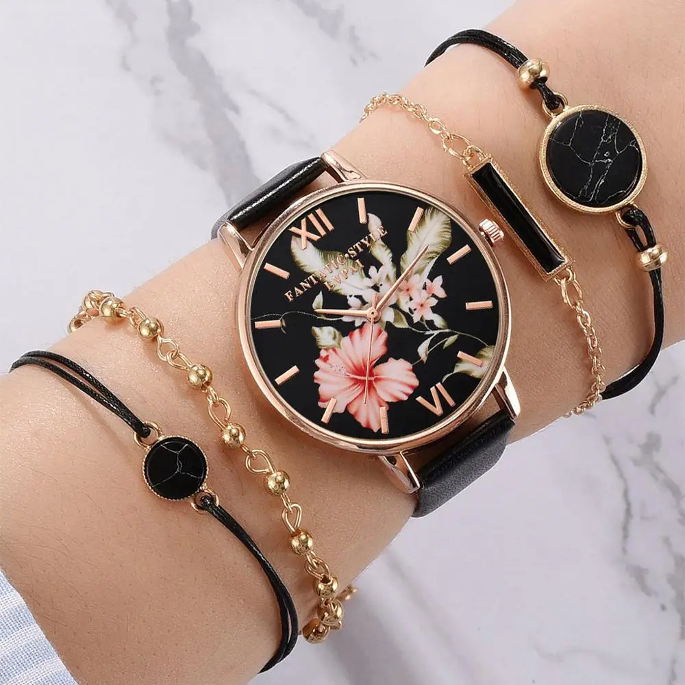 

5pcs set Women Watches Bracelet Black Ladies Bracelet Watch Casual Leather Quartz Wristwatch Clock Relogio Feminino