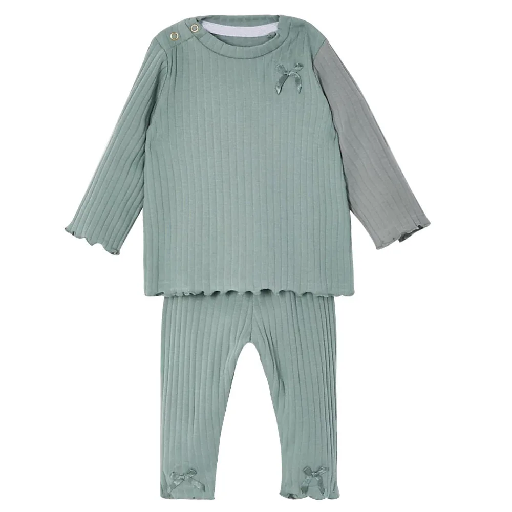 

What&why 2021 New Long-Sleeve Ruffle Baby Girl Pajamas Organic Cotton Kids Clothing Boutique Solid Color Toddler Clothes OEM, Customized color