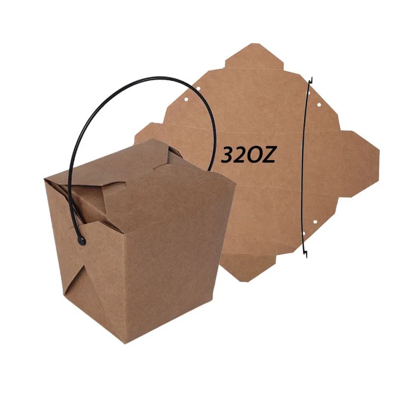 

Customized Personalised 32OZ Kraft Paper Restaurant Takeaway Box PE Coated Noodles Packaging Boxes with Handle
