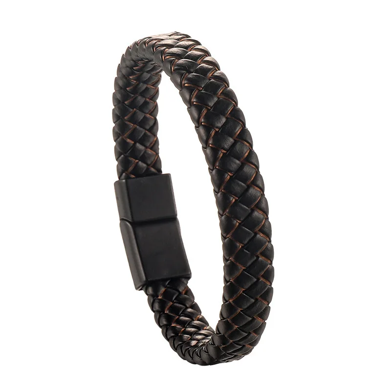 

High Quality Black Magnetic Clasp Leather Bracelet for Men Handmade Braiding Mix Color Cowhide Leather Wrap Bracelet