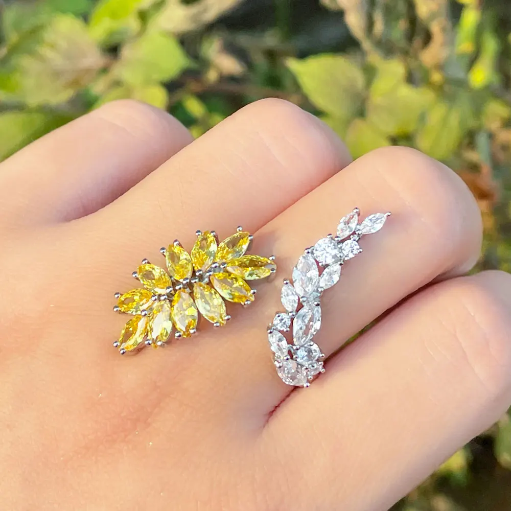 

Sparkly Marquise Cut Yellow Cubic Zirconia Crystal Leaf Shape Wedding Adjustable Open Cuff Wrap Finger Ring Jewelry for Women