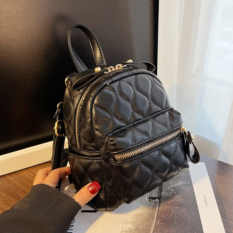 

2022 Quilted Small PU Leather Solid Color Back Packs Women Black Mini Backpack Bag