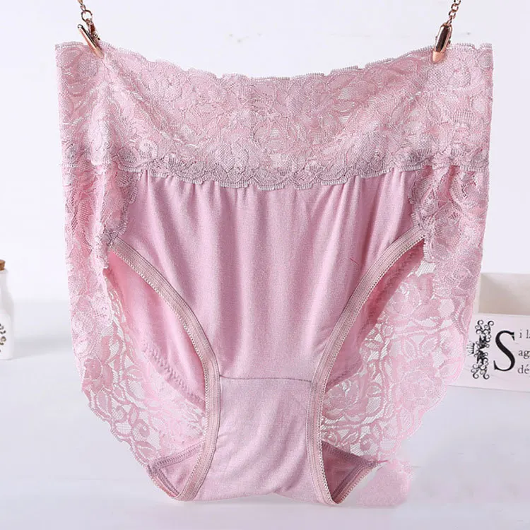 

Pink Sexy Lace Trim Plus Size Cotton Stretch Elasticity High Waist Fat Women Underwear Panties, Customized color