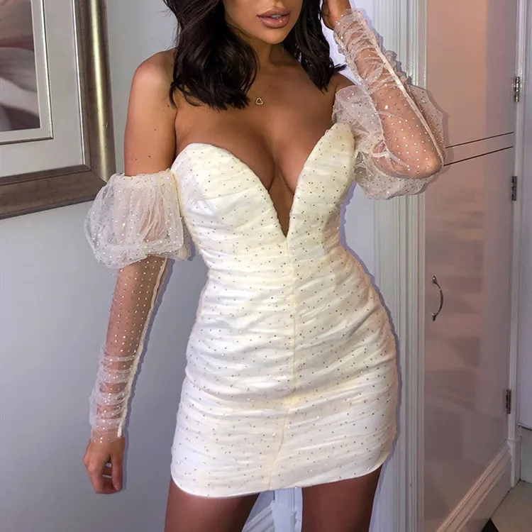 

Off Shoulder V-neck Mini Mesh Dresses Women Sexy Plus Size Women Long Sleeve Sexy Club Dress White Solid Color