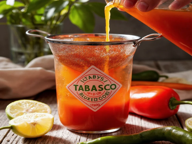 Homemade Tabasco sauce straining process