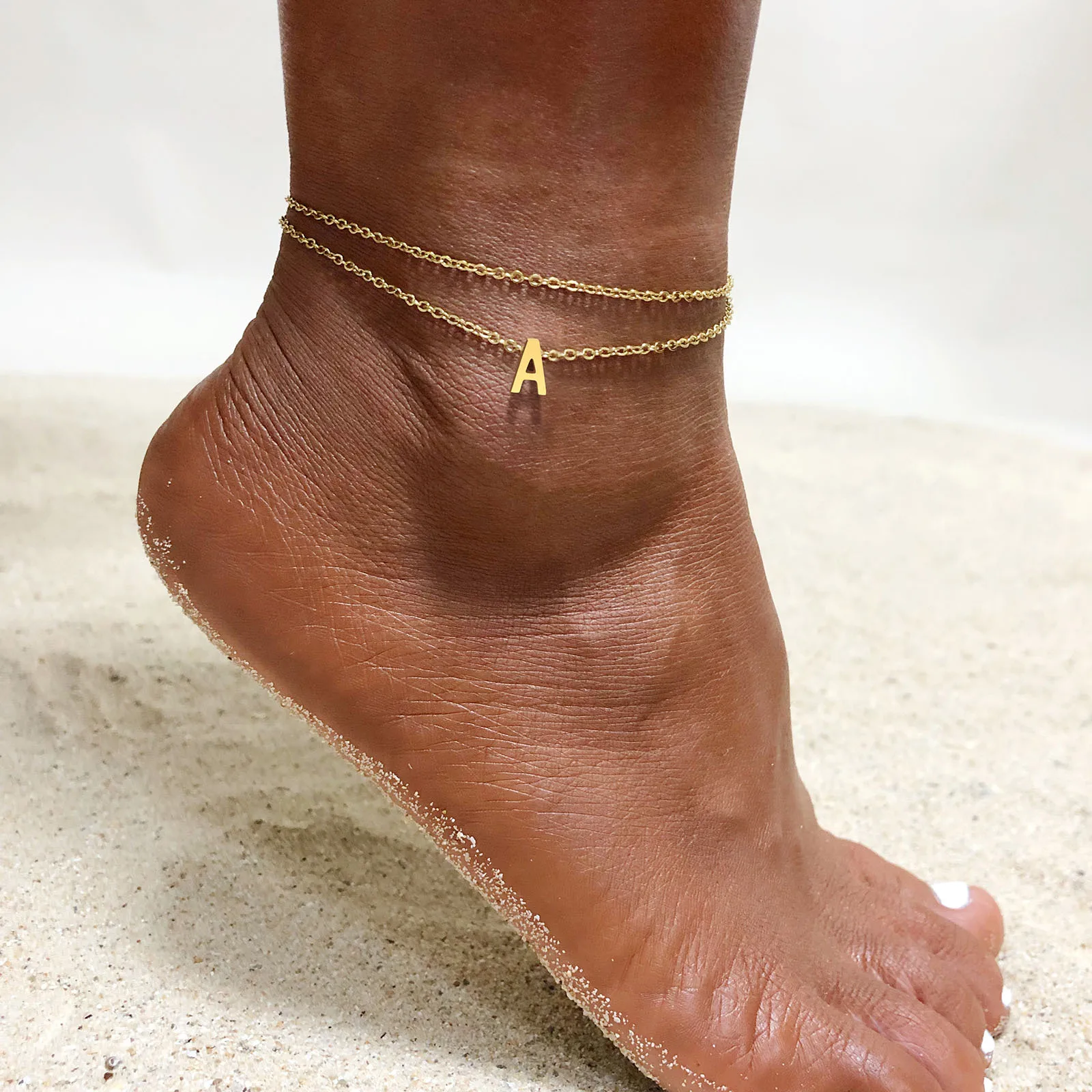 High End Gold Plated 26 Letters Pendant Double Layer Alphabet Anklets Stainless Steel Jewelry