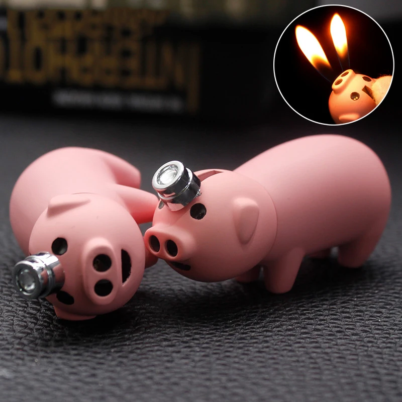 

Creative Double flame piggy Lighters Refillable Butane Gas Cigarette Lighter Pink pig Ornaments Fire Lighter For Smokers, Customized color