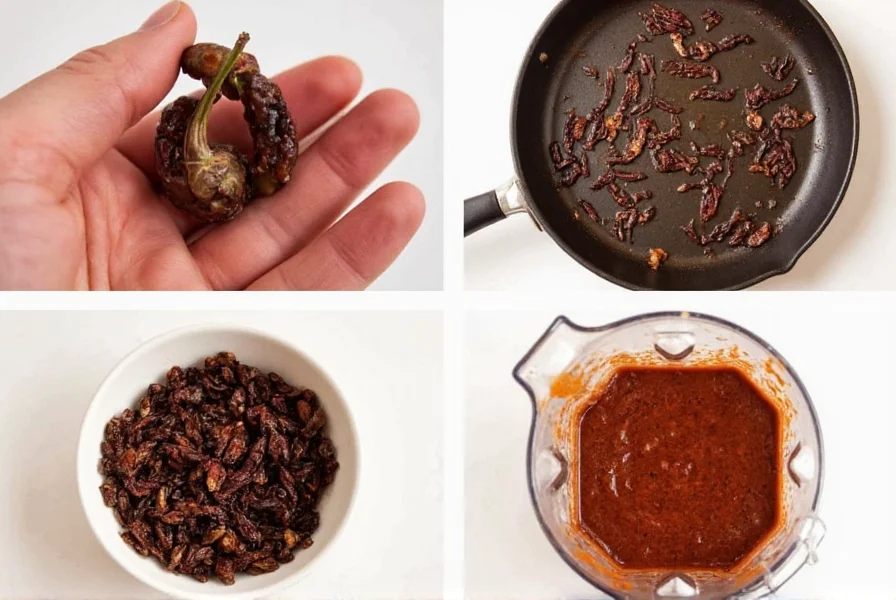Pasilla chili preparation process showing stem removal, dry toasting in skillet, rehydration in bowl, and blending into smooth sauce