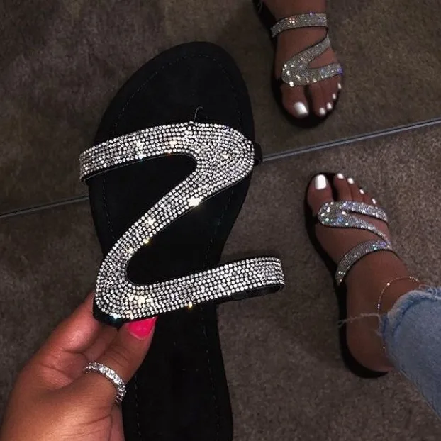 

New Arrival 2020 Summer Rhinestone Flat Sandals Lady Casual Room Slides For Women Slippers, Silver/blue/pink/green