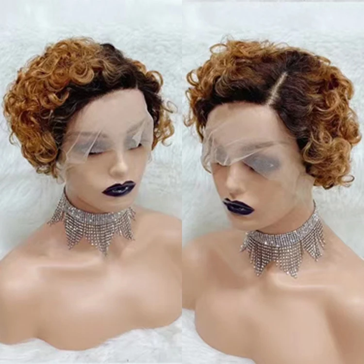 

Cheap 100% Human Hair Curly Short Pixie Cut 13x1 Transparent Lace T Part Human Hair Wigs For Black Women