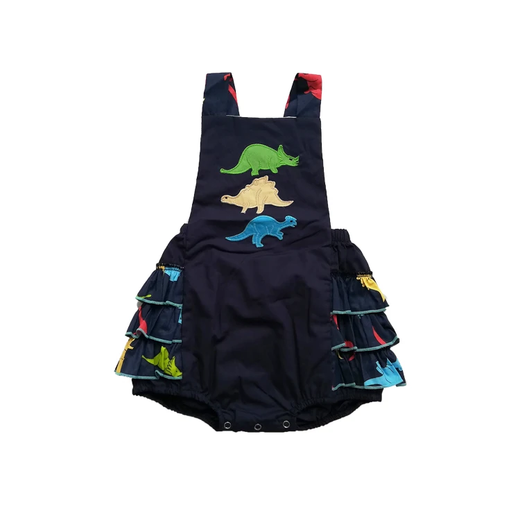 

New Arrival Cute Dinosaur Applique Toddler Girls Summer Romper Baby Girls Ruffle Rompers, As picture