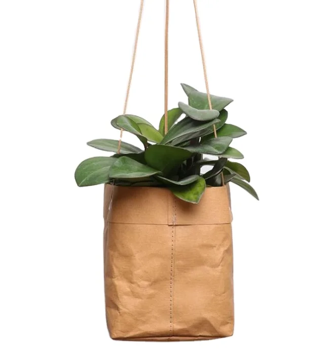 

Desktop Outdoor Eco Friendly Folding Round Plants Pot Bags Hanging Washable Kraft Paper Flower Planter Pot, Brown